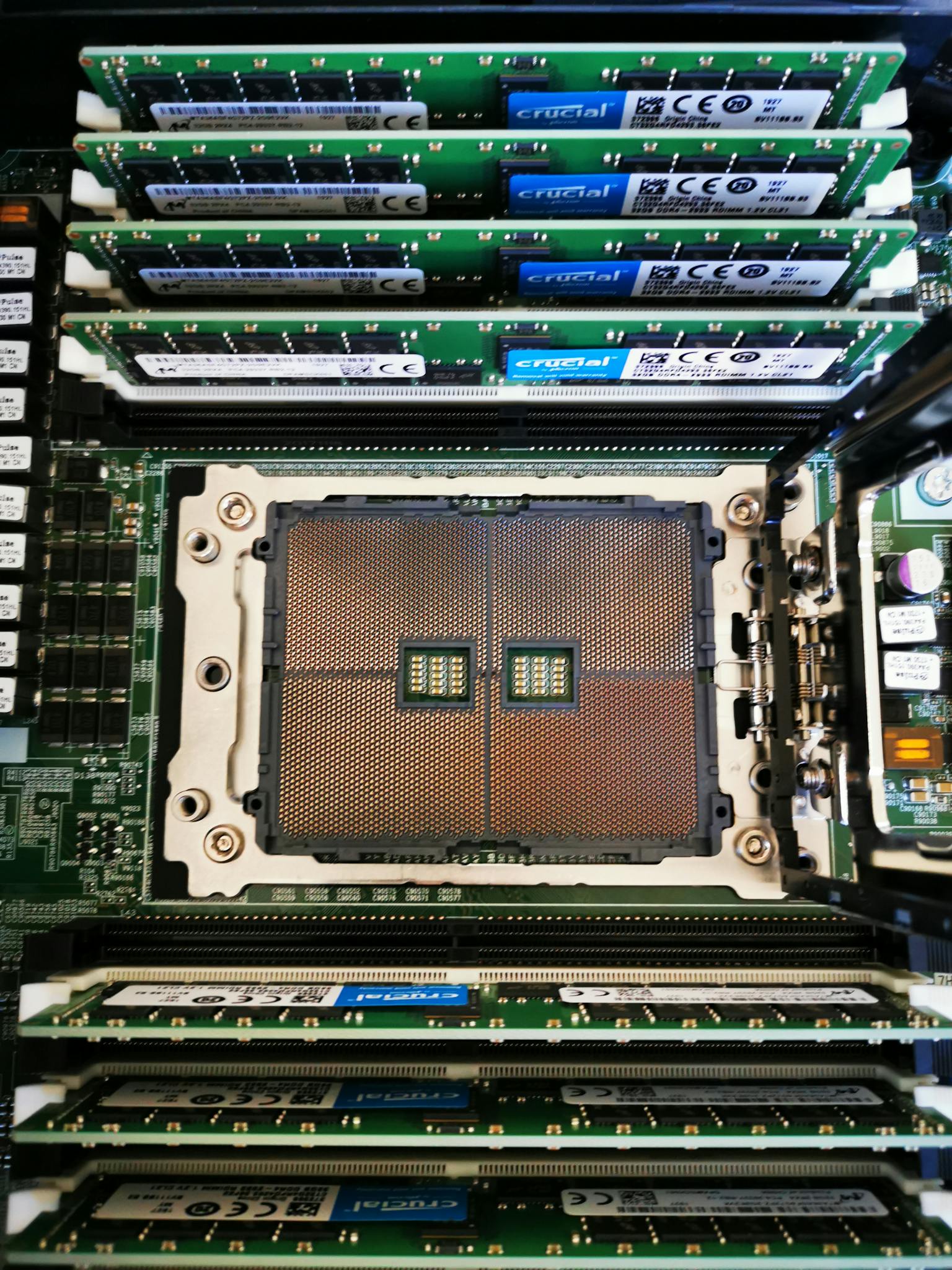 High-resolution image showing a close-up view of a computer server's processor and RAM assembly.